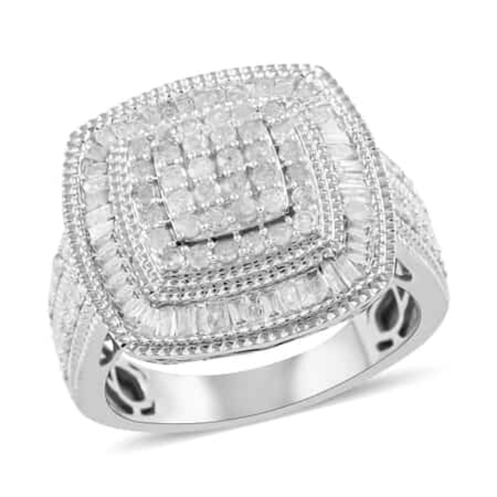 NWT 1.50 CTW GENUINE DIAMOND RING IN PLATINUM OVER STERLING SILVER SZ 9.0